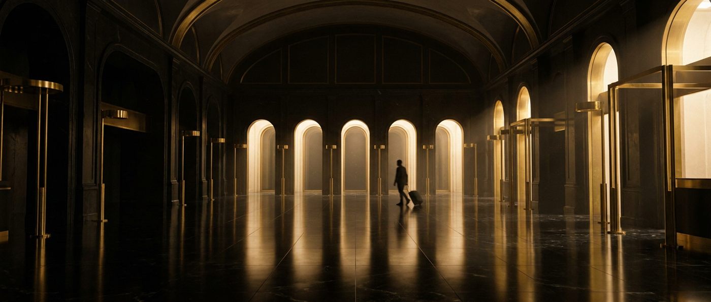 A palatial gold hall with arched light portals