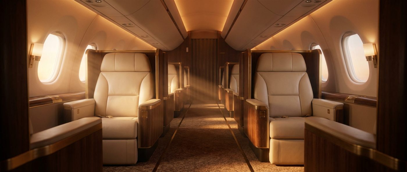 A symmetric first class cabin aisle in warm light