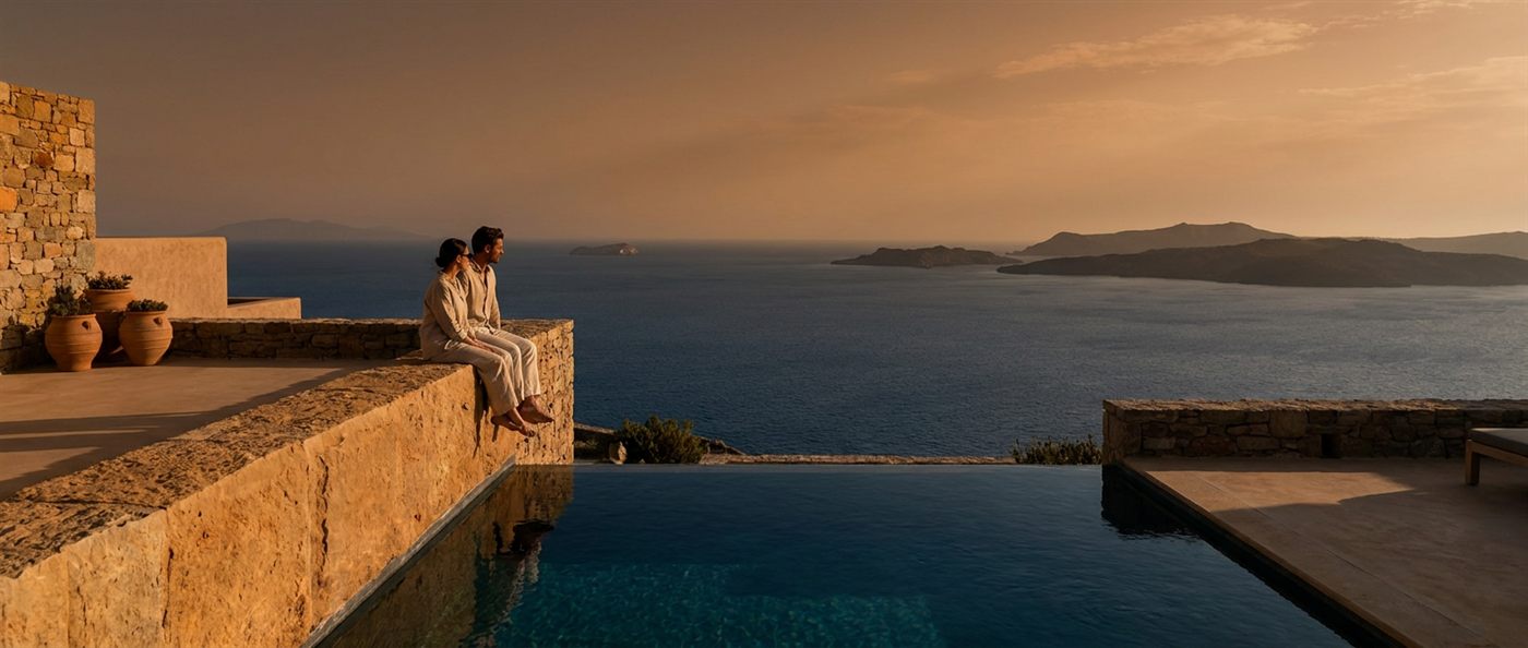 A couple overlooking a clifftop infinity pool at dusk