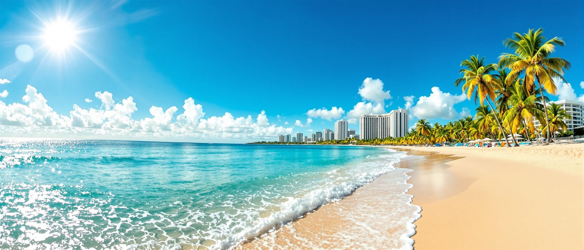 A sunlit tropical beach with turquoise water, white surf, golden sand and palm trees, with a resort skyline along the shoreline
