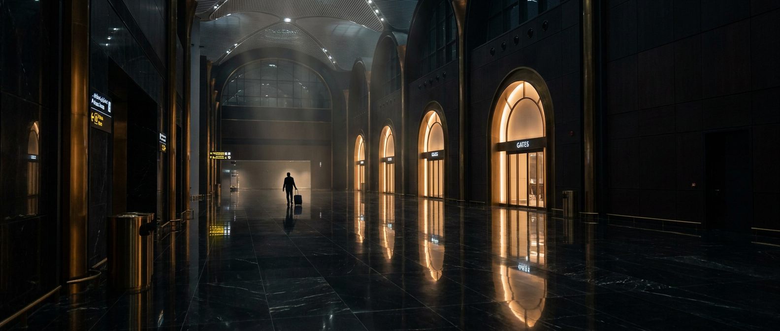 A grand terminal hall at night with glowing arched gates