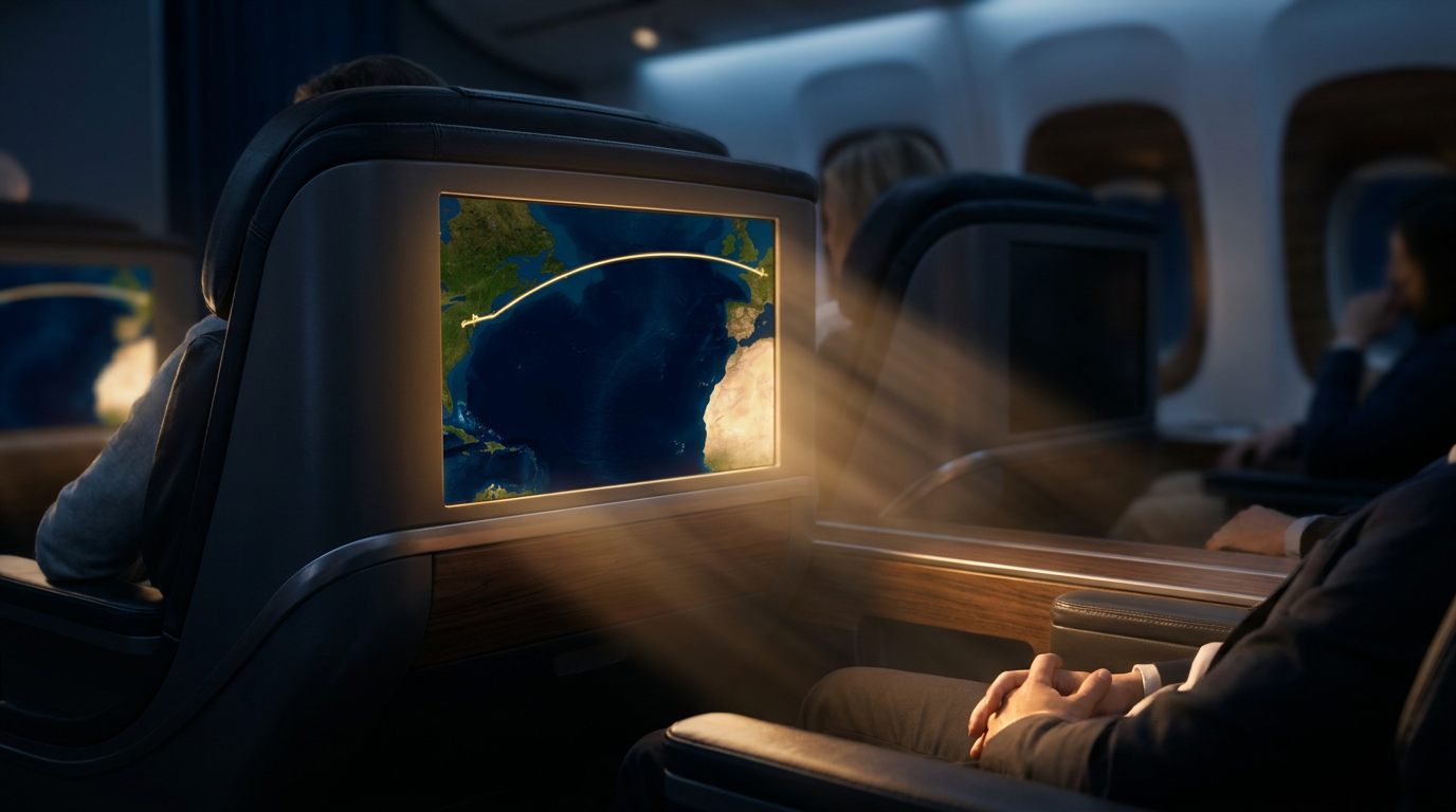 A glowing in-flight route map over a dark ocean