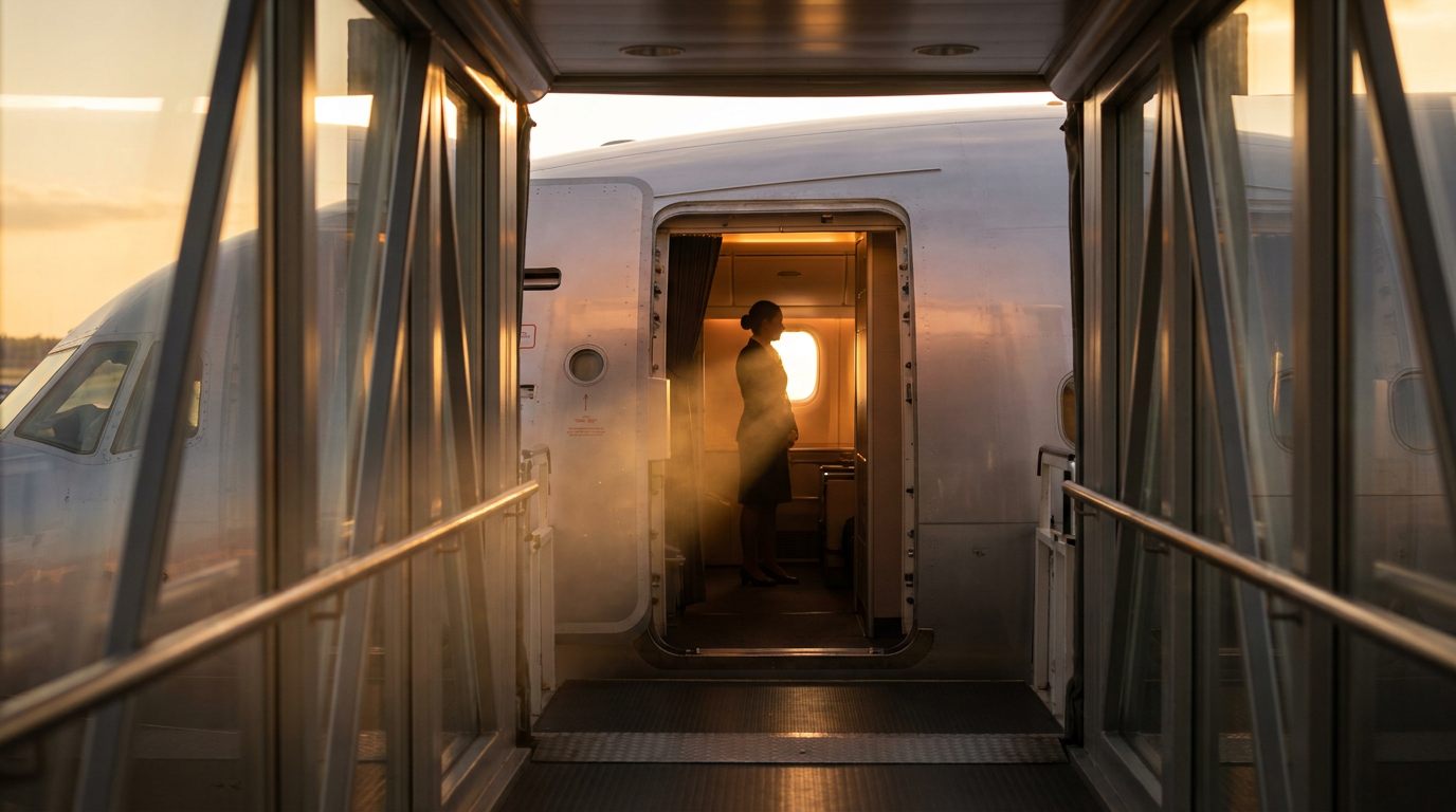 An aircraft boarding door seen from the jet bridge in golden light