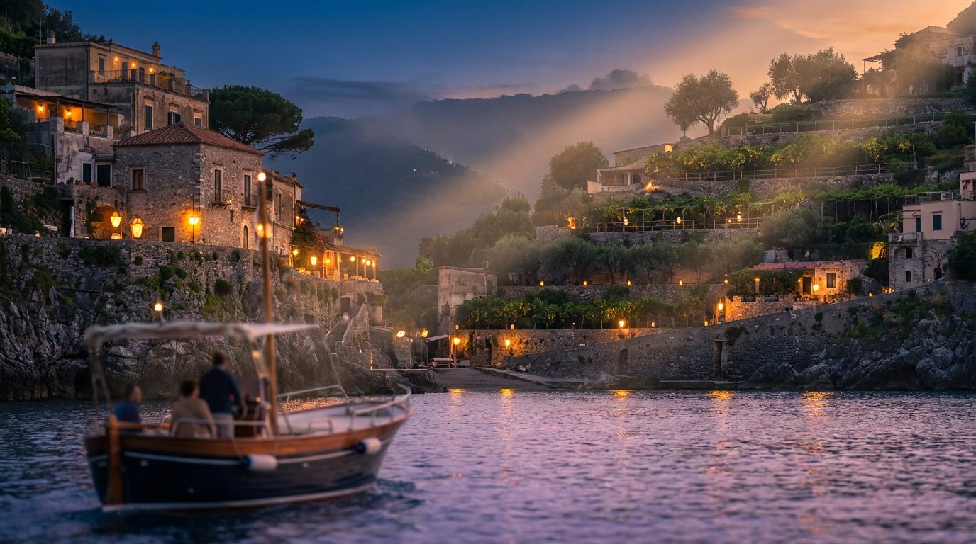A lantern-lit cliffside village seen from the sea at dusk
